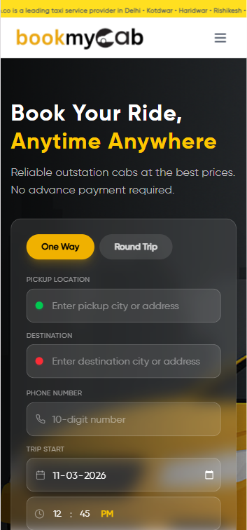 Book My Cab — Custom cab booking platform mobile view
