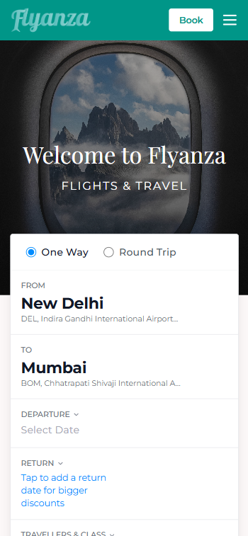 Flyanza — Flight booking website mobile view